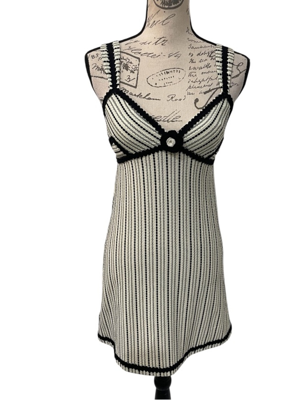 Betsey Johnson XS Small Pinstripe Slip Dress Crochet Trim Heart Hardware Y2K